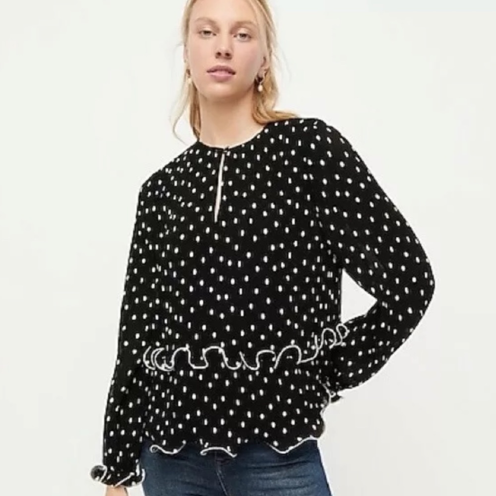 J.Crew Black Ruffle Trim Pleated Top